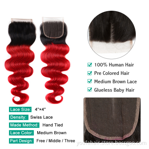 Amazon Hot Ombre Colored 4x4 1B Red Transparent Swiss Lace Closure Free Part High Density Brazilian Hair Body Wave Lace Closure